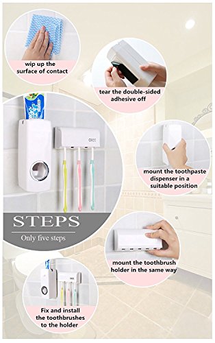 SlenyuBridal Toothpaste Dispenser with Wall Mount Toothbrush Holder Toothpaste Squeezer with 5 Brushes Set Kids Hands Free for Shower Bathroom White