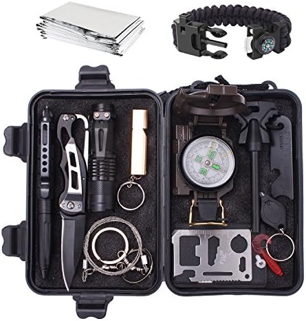Emergency Survival Gear Kit 13 in 1, Outdoor SOS Survival Tool with Survival Bracelet, Wire Saw, Compass, Emergency Blanket, Fire Starter, Tactical Pen for Camping, Hiking, Climbing