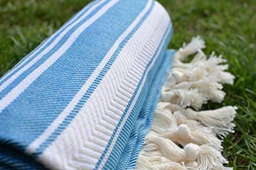 Dandelion - Basic Pattern - Naturally-Dyed Cotton Turkish Towel Peshtemal - 71x39 Inches - Ocean Blue - Thumbnail 4