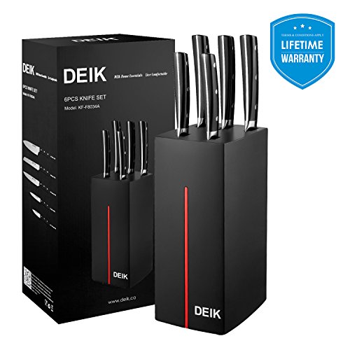 Deik Knife Set, Kitchen Knife Set, Stainless Steel Knife Block Set, 6 Pieces Chef Knife Set with Damp-Proof Wooden Block, Black