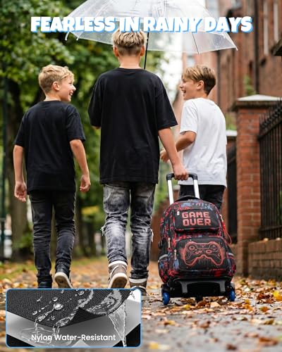 Amythe Boy's Wheeled School Bag 8-12 Years Bright 6 Wheels with Removable Trolley, Wheeled Backpack for College Students, Large Capacity Computer 15.6 Inches, Red, Travel Backpacks