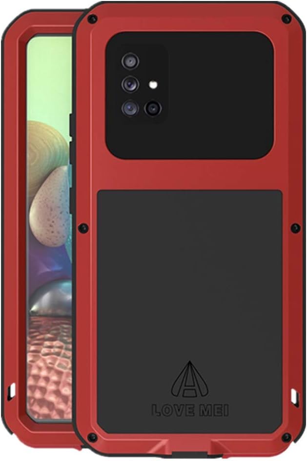 LOVE MEI for Samsung Galaxy A71 5G Case, Waterproof Military Heavy Duty Shockproof Dust/Dirt Proof Hybrid Aluminum Metal+Silicone+Tempered Glass Case Hard Cover for Samsung Galaxy A71 5G (Red)