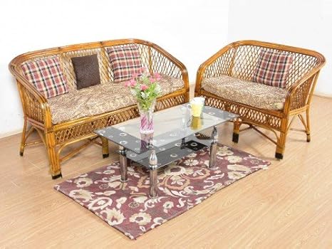 Ira Furniture Cane 5 Seater Bamboo Sofa Set With Cushions Brown