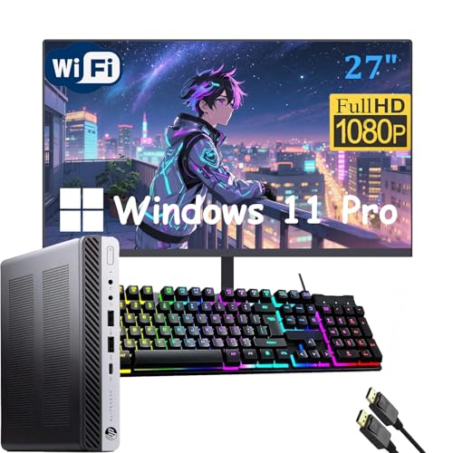 HP Elitedesk 800 G3 Mini PC Computadora de Escritorio con Monitor FHD 27 Pulgadas, Windows 11 Pro, Core i7-7700T 2.9GHz, hasta 3.8GHz, 8GB RAM, 256GB SSD, Teclado, Mouse, USB WiFi (reacondicionado)