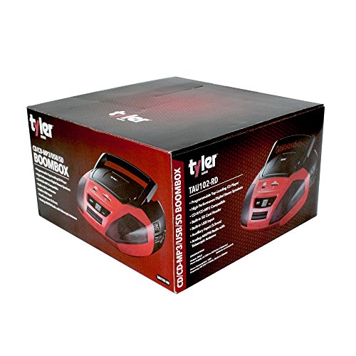 Tyler-Portable-Stereo-MP3CD-Boombox-Player-TAU102-RD-with-Mega-Bass-Sound-Text-Display-AMFM-Stereo-USBSDMMC-and-AUX-Inputs-Red
