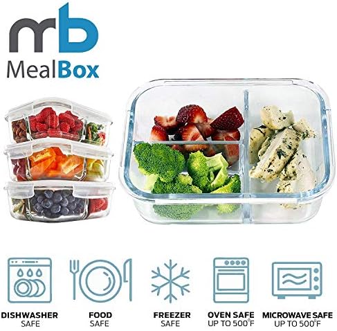 [6-Pack] Glass Meal Prep Containers 3 Compartments | Vented Snap Locking Lid | BPA Free | Oven, Microwave, Freezer, Dishwasher Safe | Reusable Food Storage Containers | Bento Box | 36 oz |