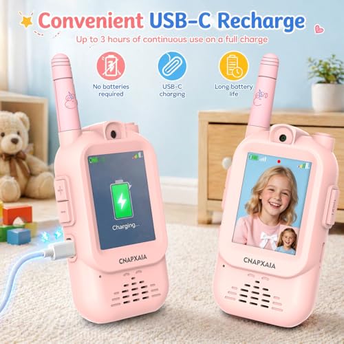Kids Walkie Talkie with Camera and Real-Time Video, Interactive Toy for Children with Emojis, Sticker and Filters, Automatic Connection Without Internet, Gift for Girls 3-10 Year Old 2 Pack (Pink/Pink