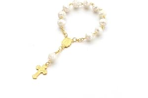lulucross White 8mm Rosary Beads Decade Rosary with Gold Our Lady of Guadalupe Center and Cross