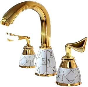 Grifo de lavabo dorado de tres orificios, grifo dividido frío y