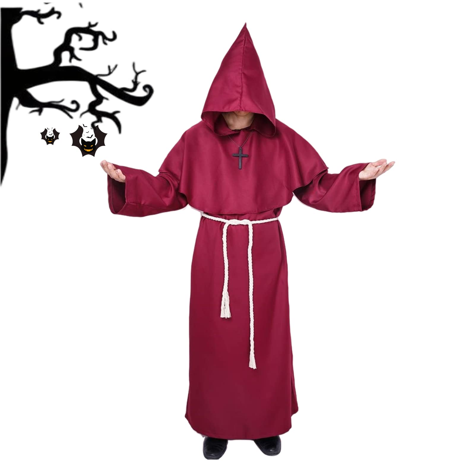 MiiDD Priest Sorcerer Costume Medieval Priest Monk Robe-Hooded Cap Cloak for Wizard,Knight Gothic Halloween Renaissance,Friar Cowl Robe Fancy Dress Cosplay for Pastor Outfit(Red,M)