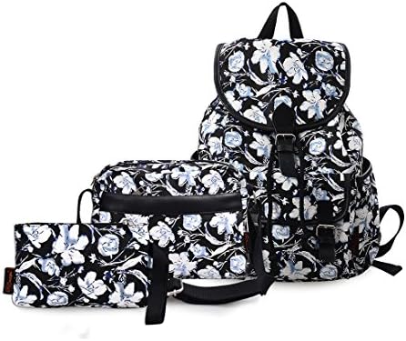 Lt Tribe Womens Canvas Backpack Shoulder Bag Travel College Daypack 3 Pcs Set Black Flower Set G00265