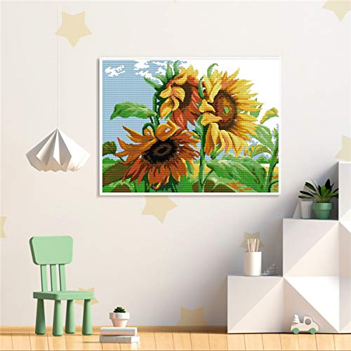 Cross Stitch Stamped Kits Cross-Stitching Starter Sunflower in The Wind Patterns for Beginner Kids or Adults, Embroidery Kits