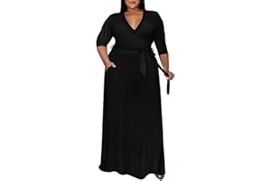 Runwind Plus Size Dress for Women - 3/4 Sleeve V Neck Printing Maxi Dresses for Women （XL-6XL）
