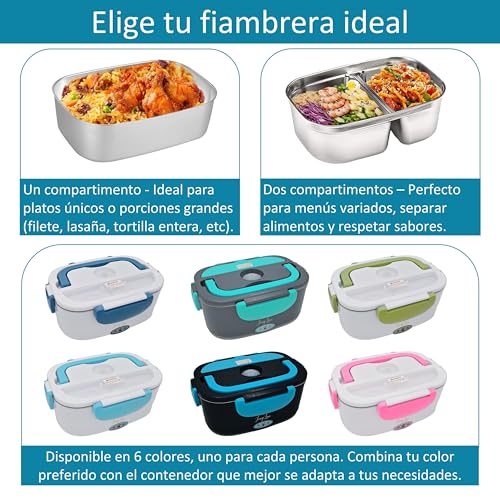 JessyLine Elegant Professional Portable Electric Lunch Box 80W 12V/24V/220V Multifunction Car Truck Office Heat Fast Food Taper Divided Container Stainless Steel 1.5L Black Blue-Light
