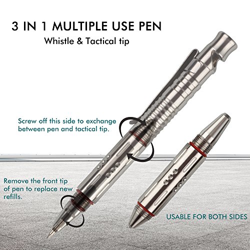 SMOOTHER Stainless Steel Tactical Pen With Whistle and Refill Cap & Clip For Outdoor Car Office Home Signature Gift Self Defense Alarm Uses, EDC Self Protection Tool Pen With 2 Black Writing Refills