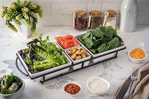 Food Serving Dish Set: 4 White Stoneware Bowls with Metal Display Stand | Perfect for Appetizers, Snacks, and Meals - Thumbnail 4