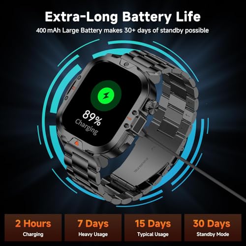 Uniiking® Military Smart Watches for Men, 2.01" Rugged Tactical Smartwatch with LED Strong Light, 400mAh, IP68 Waterproof Fitness Tracker with Compass, 100+ Sports Modes for Android iOS (2 Straps)
