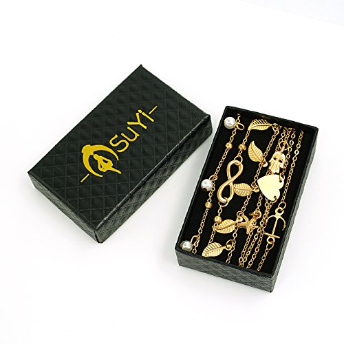 Suyi 6Pcs Adjustable Beads Charm Anklet Chains for Women Girl Sexy Slim Beach Foot Chains Jewelry Set Gold