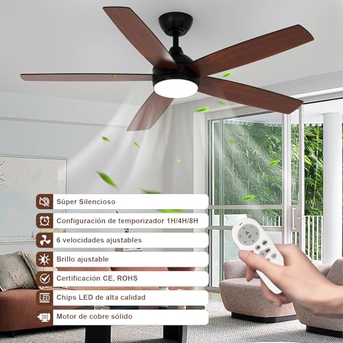 Dorlink Ceiling Fan Lamp with Control, Ø132 cm, 6 Speeds, Timer, 34 W DC Motor, Summer-Winter Function, Quiet, Fan Lamp for Indoor Bedroom, Walnut/Black