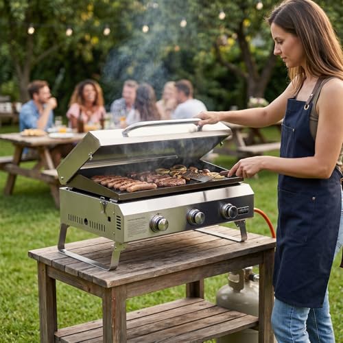 onlyfire Plancha à Gaz de Table en Inox, Barbecue Gaz avec Couvercle et 3 Brûleurs 7kW, Plancha 57x36cm avec Revêtement en Céramique Antiadhésif, Pieds Pliables pour Terrasse, Balcon et Camping