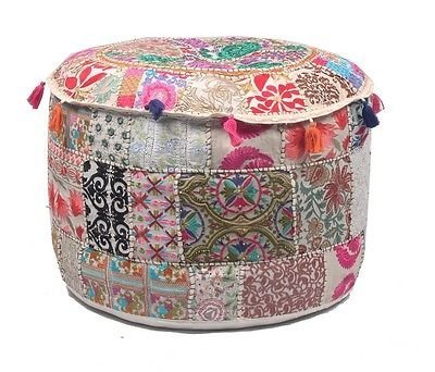 GANESHAM Indian Home Decor Hippie Patchwork Bean Bag Boho Bohemian Hand Embroidered Ethnic Handmade Pouf Ottoman Vintage Cotton Floor Pillow & Cushion 22x14 inch (22x14 inch)