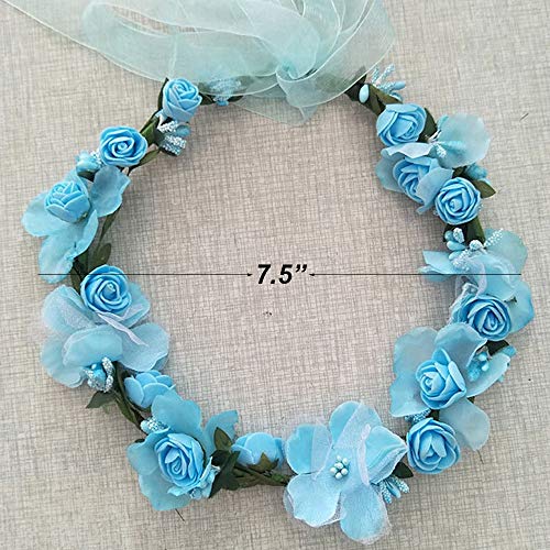 Flower Crown Headband Wreath Garland Hair Bands Floral Wedding Bridal Hair Hoop Women Leaf Ribbon Party Decoration Headdress Headwear Christmas Handmade Headpiece Hair Accessories 2 Pack Blue - Thumbnail 5