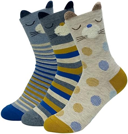 Haley Clothes Women Cute Animal Pattern Cotton Cat Design Novelty Crew Dress Socks (3 Pairs)