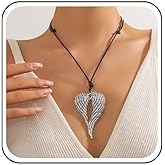 Sttiafay Punk Angel Wing Necklace Angel Wing Pendant Necklace Black Leather Cord Necklace Large Wing Heart Necklace Personalized Angel Necklace Jewelry for Women Men