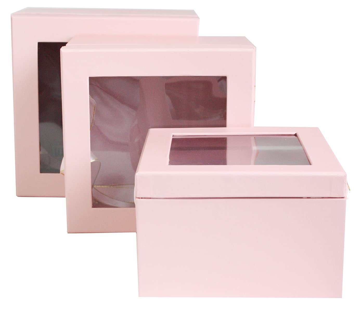 Emartbuy Set of 3 Rigid Luxury Square Presentation Gift Box, Baby Pink Print with Transparent Top, Double Layer Interior and White and Gold Satin Ribbon Handles
