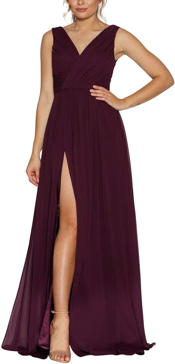 VICKYBEN Women's Ruched Double V-Neck Bridesmaid Dresses Side Slit Long Formal Prom Evening Gowns