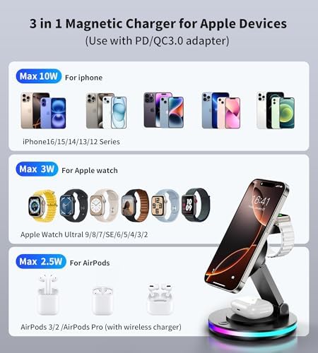 Mag Safe Ladegerät, 3 in 1 Ladestation für Apple Watch und iPhone, faltbar, drehbar mit Lichteinstellung, Wireless Charger Mag Safe Ladeständer für iPhone 16/15/14,AirPods (Ohne Adapter)-Schwarz
