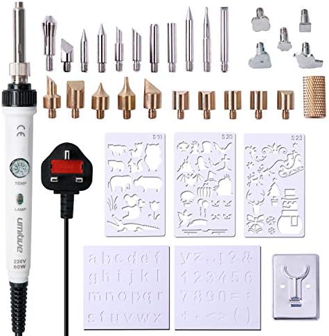 Umitive 34Pcs Wood Burning Pyrography Pen Kit, 60W, Adjustable Temperature, 28 Wood Burning Attachments, 5 Stencils, 1 Support, Electric Engraving Craft Tools On Wood, Leather