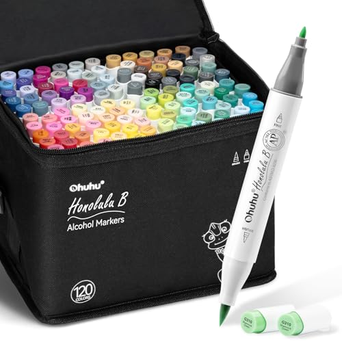 Ohuhu Marcadores Alcohol Pincel 120 Colores Medios - Set Marcadores Doble Punta para Artistas Adultos Colorear Dibujar Ilustración - Punta Doble Pincel y Fina - Honolulu B - Recargable