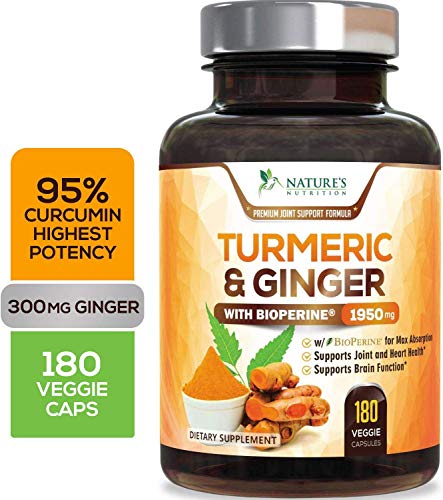 Turmeric Curcumin 95% Curcuminoids Highest Potency with BioPerine and Ginger 1950mg - Black Pepper for Best Absorption, Made in USA, Best Vegan Joint Support, Turmeric Ginger Pills - 180 Capsules