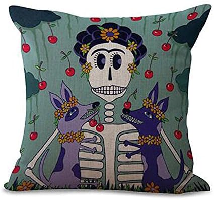 GAWEKIQE Oil Painting Cartoon Animal cat Girl Skull Cotton Linen Throw Pillow Cover Cushion Case Holiday Decorative 18"X18" (1)
