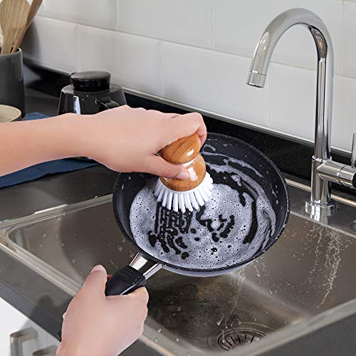 Dish Brush with Durable Bristles Bamboo Grip for Dishes Pot Pan Kitchen Sink Vegetable Cleaning, 3 Pcs