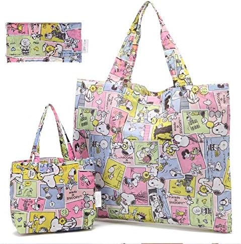 GlobalEdge Set of 2 Snoopy & Peanuts Gang Reusable Shopping Grocery Tote Bag - Foldable, Lightweight, Portable