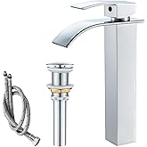 VOTON Vessel Sink Faucet Chrome Modern Tall Waterfall Bathroom Sink Faucet with Pop-Up Drain Single Handle Bathroom Faucet 1 Hole Bowl Lavatory Vanity Faucet, Rv Sink Camper Farmhouse Bathroom Faucet