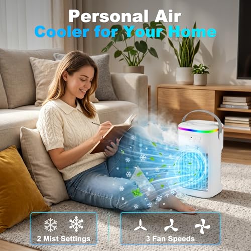 Mini Quiet Portable Air Conditioner, Air Cooler with Remote Control, 3 Speeds and 2 Misting Modes, 1-4H Timer, 7 LED Lights, Cold Air Fan for Bedroom Office