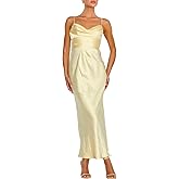 Women's Satin Spaghetti Strap Cowl Neck Backless Midi Wedding Guest Dress Ruched Sleeveless Tie Summer Dresses