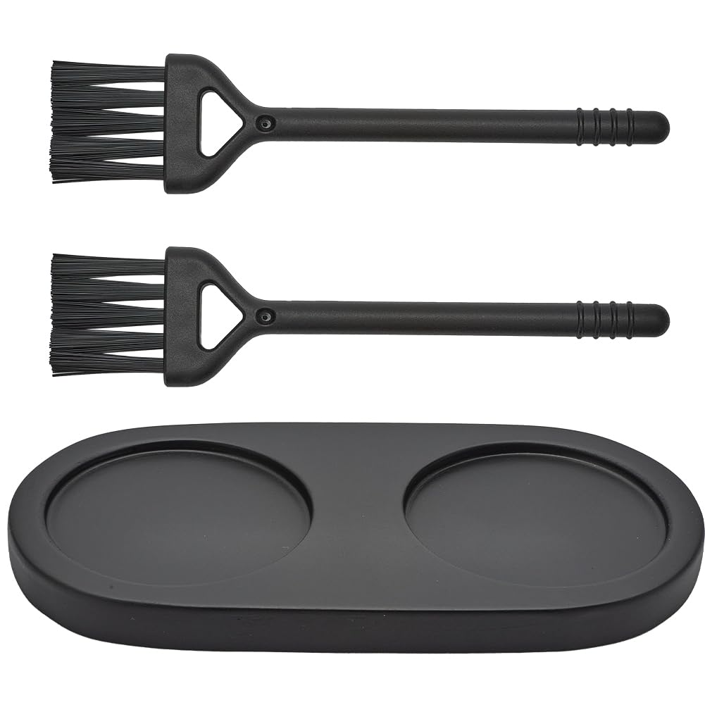 GORGECRAFT Salt and Pepper Mill Tray Wooden Pepper Grinder Rest Holder Dining Table Protector Shakers with 2Pcs Cleaning Brush for 2 Mills Kitchen Storage Home Decoration Crafts Black 14.9x7.5cm