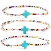 Bohxantium Cross Gold Beaded Bracelets Stack for Women Boho Cross Bracelet Stackable 14K Gold Plated Small Colorful Seed Beads Trendy Jewelry Accessories Non Tarnish Stretch Christian Friendship Gift