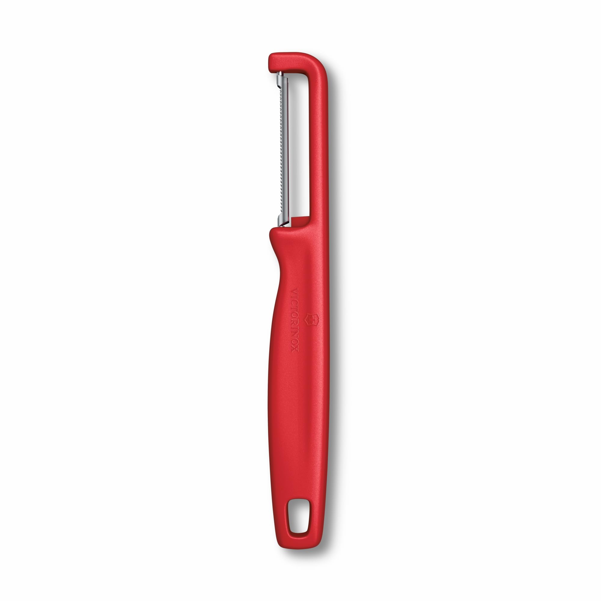 Victorinox Sparschäler "Iota", Schäler für Gemüse, Obst, Zackenschliff, Zweischneidig, Extra Scharf, Swiss Made, rot