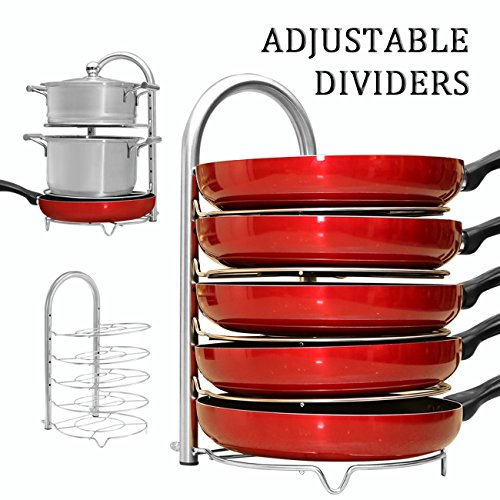 WiseLife Height Adjustable Pan Pot Organizer Rack， 5-Tier Stainless Steel，10, 11 & 12 Inch Heavy Duty Kitchenware Cookware Pot Rack Holder Kitchen Cabinet Countertop Storage Solution