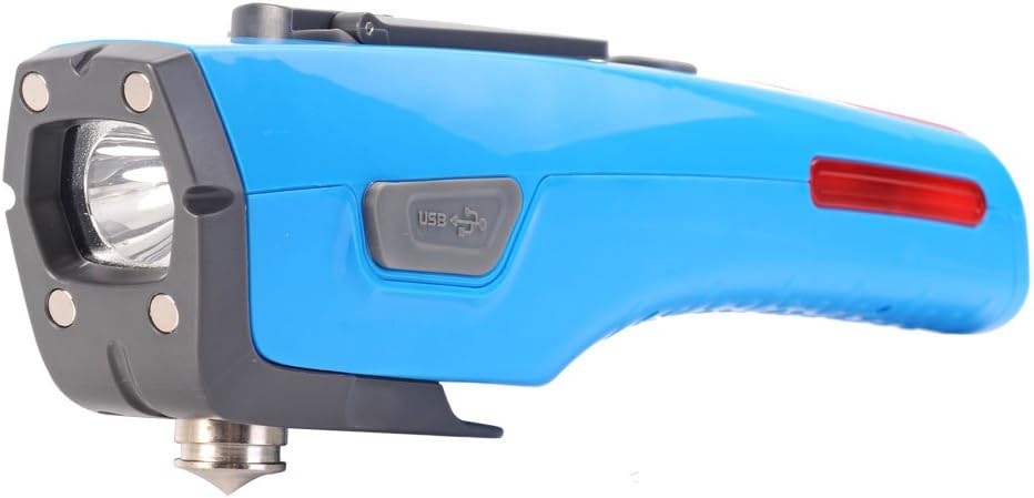 Auto Emergency Tool, 6-in-1 Multifunctional Car Safety Hammer with Window Breaker, Seatbelt Cutter, Led Flashlight, SOS Warning Light, Emergency USB Charging, Hand Crank (Blue)