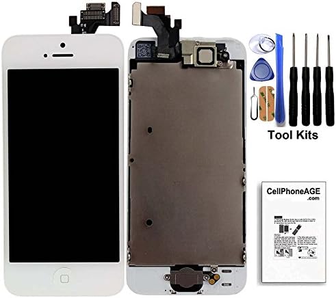 CELLPHONEAGE For iPhone 5 New LCD Touch Screen Replacement With Home Button and Camera White Full Set with Spare Parts Digitizer Display Assembly Replacement + Free Tool Kits (White)