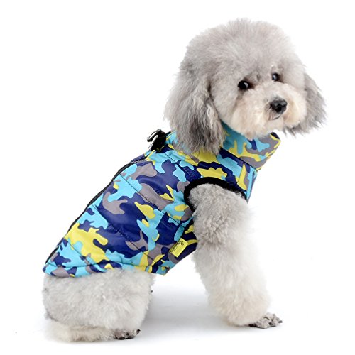SELMAI Camo Small Dog Cat Winter Coat Vest Jacket Padded Pet Puppy Camouflage Costume with Harness Doggie Chihuahua Cold Weather Clothes Apparel Blue XS
