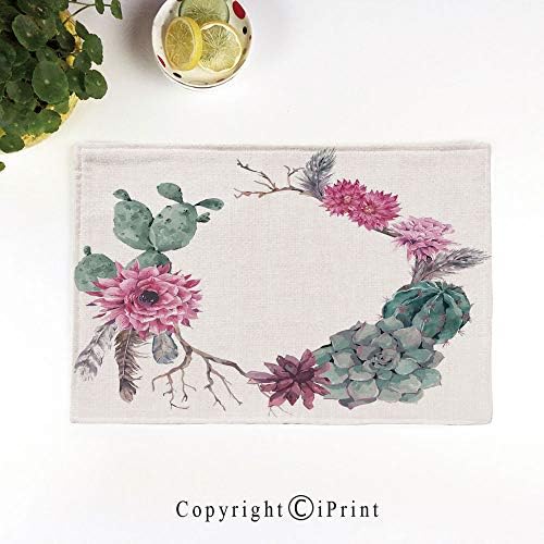 Heat-Resistant Placemats,Stain Resistant Anti-Skid Washable Table Mats Woven Vinyl Placemats,Summer Vintage Floral Wreath Boho Chic Style Branches Feathers Decorative,Sage Green Light Pink Mauve
