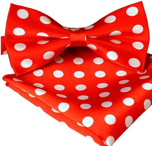 ST34 Brand new Silk feel SATIN Red and White Polka dot Bow tie for Men Bow tie and Pocket square SET BB-1027
