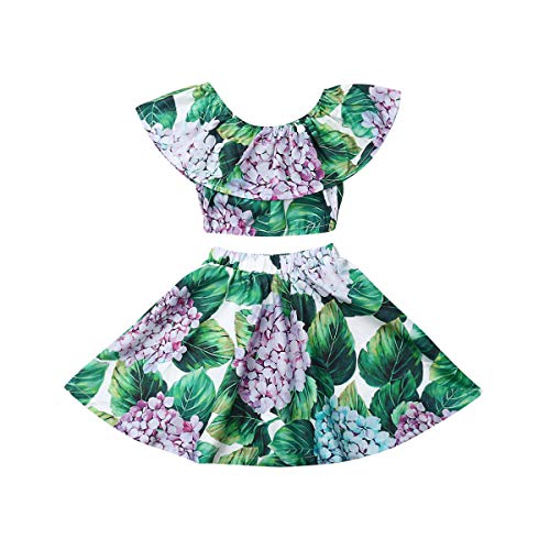 Toddler Baby Girls Ruffle Strap Top+Boho Floral Skirt Summer Outfit Clothes Two Piece Set (Full Floral-Hydrangea, 2-3T)